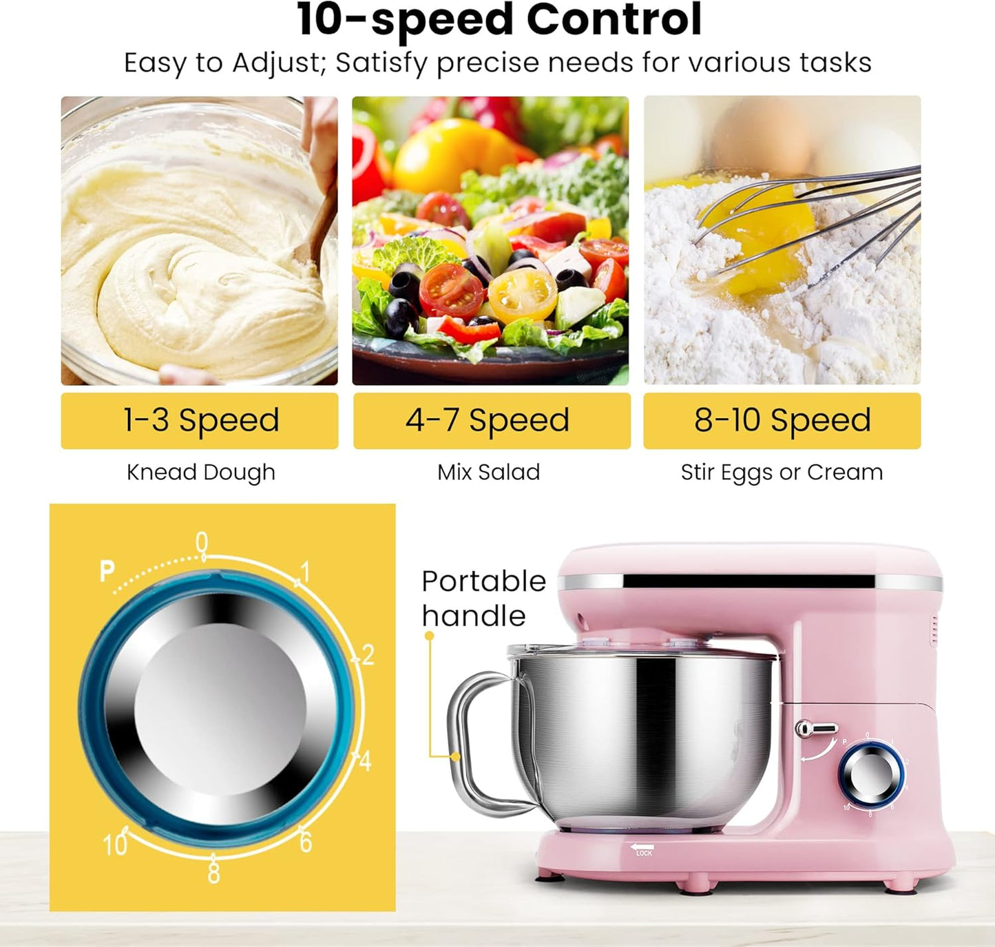 Stand Mixer, 660W 10 Speed 6 Quart Tilt-Head Kitchen Electric Food Mixer with Beater, Dough Hook, Wire Whip and Egg Separator