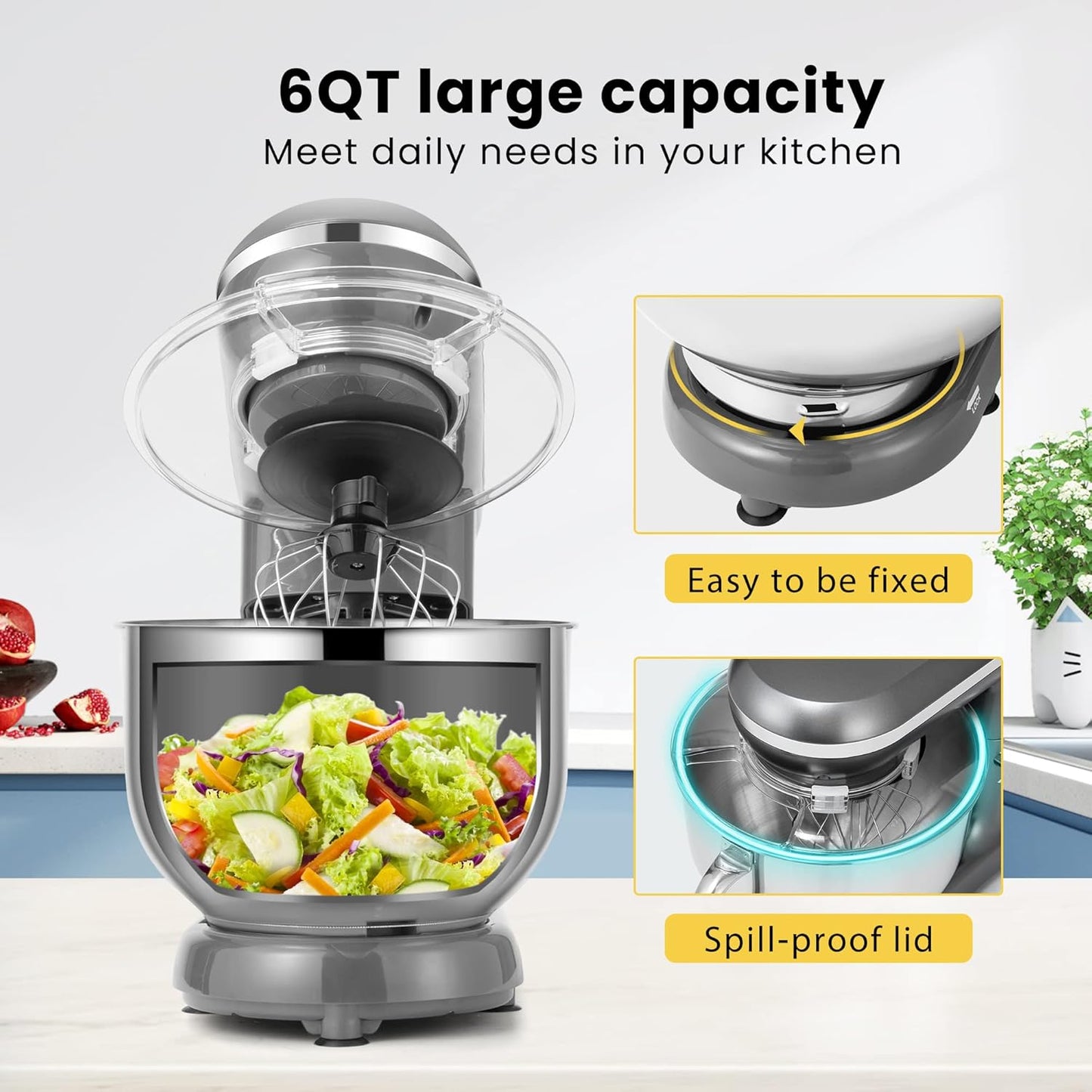 Stand Mixer, 660W 10 Speed 6 Quart Tilt-Head Kitchen Electric Food Mixer with Beater, Dough Hook, Wire Whip and Egg Separator