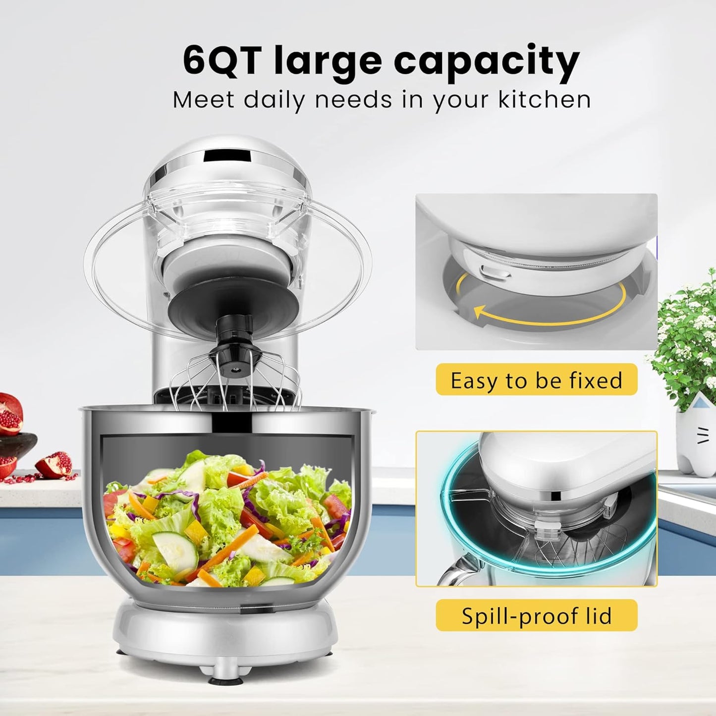 Stand Mixer, 660W 10 Speed 6 Quart Tilt-Head Kitchen Electric Food Mixer with Beater, Dough Hook, Wire Whip and Egg Separator