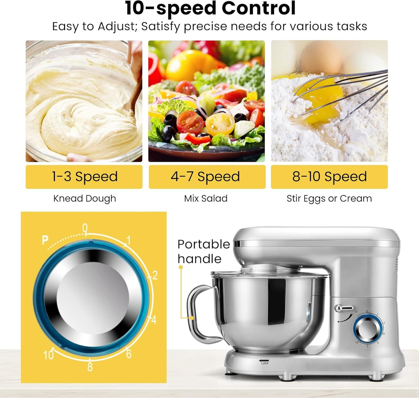 Stand Mixer, 660W 10 Speed 6 Quart Tilt-Head Kitchen Electric Food Mixer with Beater, Dough Hook, Wire Whip and Egg Separator