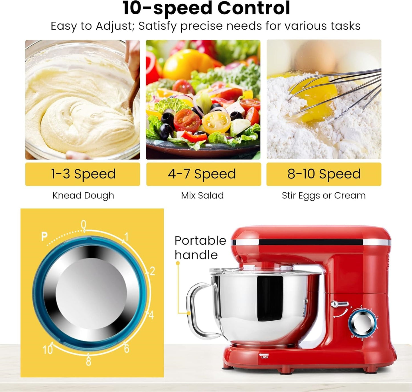 Stand Mixer, 660W 10 Speed 6 Quart Tilt-Head Kitchen Electric Food Mixer with Beater, Dough Hook, Wire Whip and Egg Separator